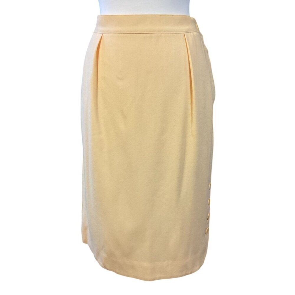 Jones New York Pure Wool Yellow Pencil Skirt Size 14 With Side Buttons & Pleats